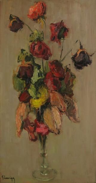 HERVIGO GUSTAVE, 1896-1993 Roses au verre Huile sur toile, signée en bas à gauche,...