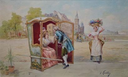 LASELLAZ GUSTAVE, 1848-1910 Scène galante à la chaise à porteurs Aquarelle, signée...