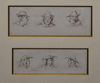 LETUAIRE PIERRE, 1798-1884 Têtes de paysans Deux feuilles d'étude à la plume et encre...