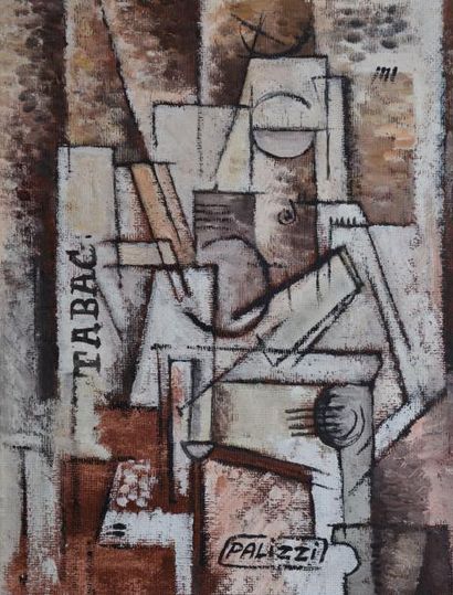 PALIZZI, XXE SIÈCLE Composition cubisante Peinture sur isorel, signé en bas au milieu,...
