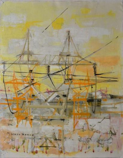 RODDE MICHEL, 1913-2009 Composition aux pylones électriques huile sur toile, signée...