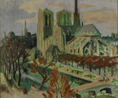 SIMON ROBERT, 1888-1961 Notre-Dame de Paris Huile sur toile, cachet d'atelier au...