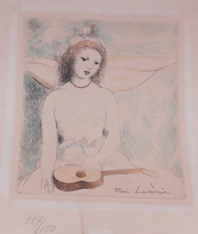 LAURENCIN MARIE (1883-1956) Jeune fille à la guitare, 1946 Eau-forte (pliures et...