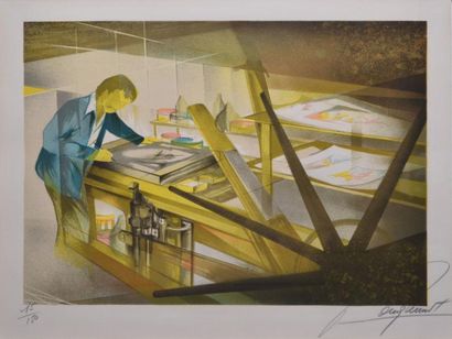 POULET RAYMOND, NÉ EN 1934 L'atelier du graveur Lithographie en couleurs n°15/150,...