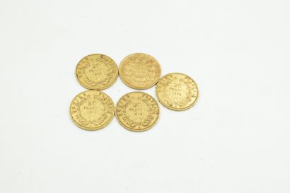 Lot de 5 pièces en or de 20 Francs Napoléon...