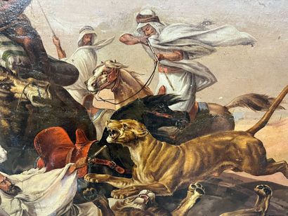 null ORIENTALIST SCHOOL,
Lion hunting scene,
oil on canvas (major accidents, missing...