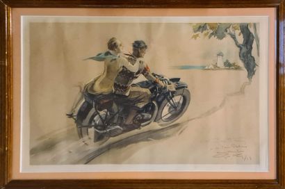 null HAM Geo [Georges HAMMEL] (1900-1972)
Couple à moto
gravure en couelurssignée...