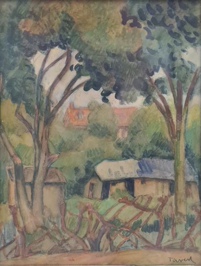 null TIRVERT Eugène (1881-1948) 
Maison aux arbres
Aquarelle, signée en bas à droite
33.5...