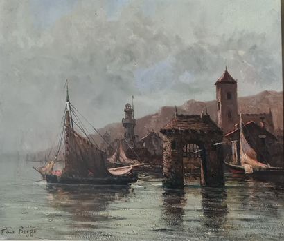 null ÉCOLE FRANÇAISE FIN XIXe siècle,
Petit port à la tour de garde,
huile sur isorel...