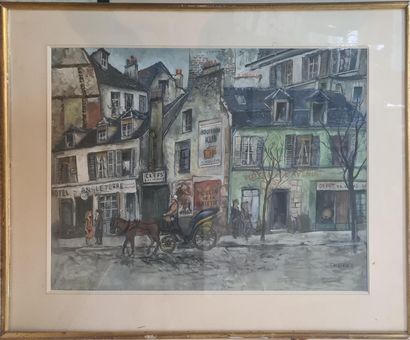 null FABRES Jacques (XXth)
Street of Paris with a carriage 
gouache on paper, signed...