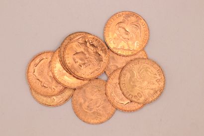 null Lot composed of 10 gold coins of 20 Fr au Coq (8x1909, 2x1907).
Weight : 64,50...