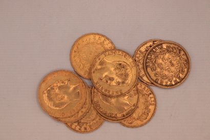 null Lot composed of 10 gold coins of 20 Fr with bare head (1857A, 2x1858A, 2x1855A,...