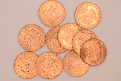 null Lot composed of 10 gold coins of 20 Fr au Coq (1909).
Weight : 64,50 g. 
Very...