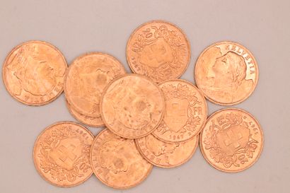 null Lot composed of 11 gold coins of 20 Fr Helvetia (1947).
Weight : 70,95 g. 
VG...