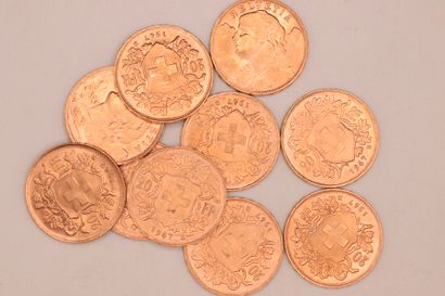 null Lot composed of 10 gold coins of 20 Fr Helvetia (1947).
Weight : 64,50 g. 
VG...