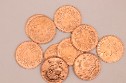null Lot composed of 10 gold coins of 20 Fr Helvetia (1947).
Weight : 64,50 g. 
VG...
