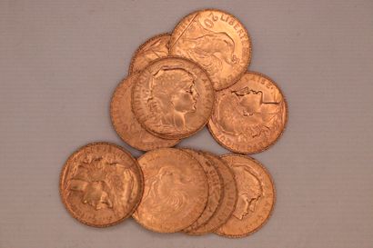 null Lot composed of 10 gold coins of 20 Fr au Coq (1908x2, 8x1912).
Weight : 64,50...