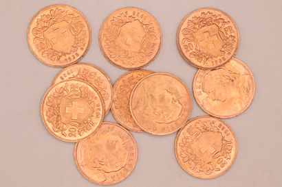 null Lot composed of 10 gold coins of 20 Fr Helvetia (1935).
Weight : 64,50 g. 
VG...