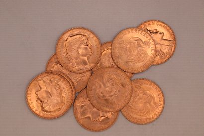 null Lot composed of 10 gold coins of 20 Fr au Coq (1910x9, 1914).
Weight : 64,50...