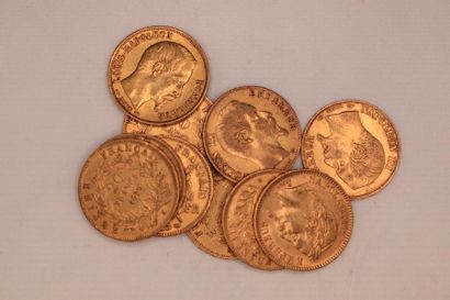 null Lot composed of 10 gold coins of 20 Fr Napoélon III Bareheaded and Laureate(1864A,...