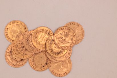 null Lot composed of 15 gold coins Napoleon III laurel head : 14 coins of 10 fr and...