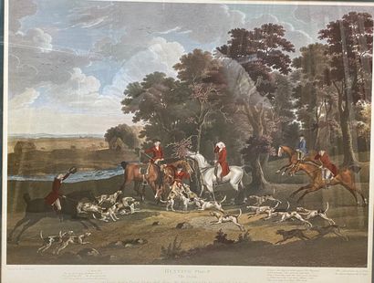 null Lot of 15 framed pieces including: fashion engravings, hunting with hounds,...