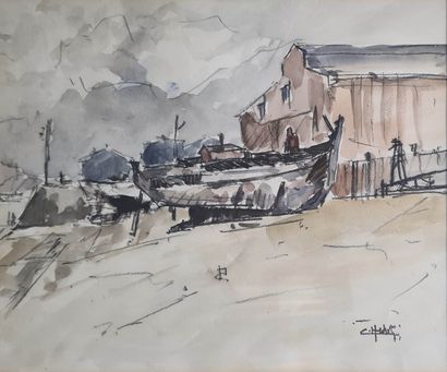 null ECOLE MODERNE [HEL.. *]
Boat 
Watercolor on paper, signed lower right (illegible)
22.5...