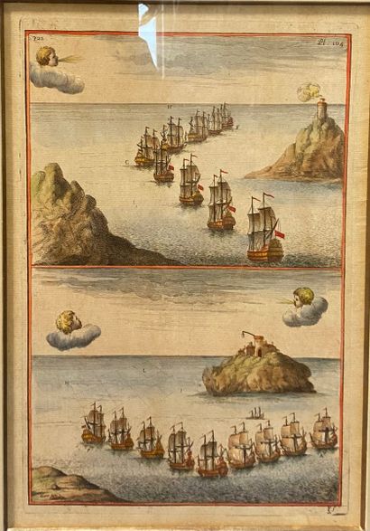 null Set of two engraved and colored plates from a navigation manual showing maneuvers...