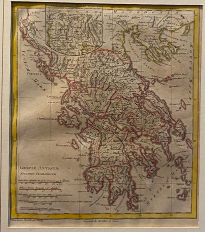 null Set of four maps of Greece.
Colored engravings. 
- Map of Greece containing...
