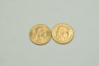 Lot de deux pièces en or de 20 francs Coq...
