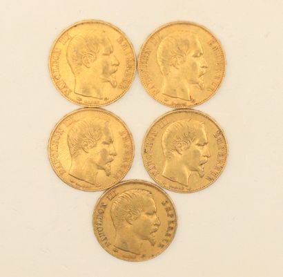 Cinq pièces en or de 20 francs Napoléon III...