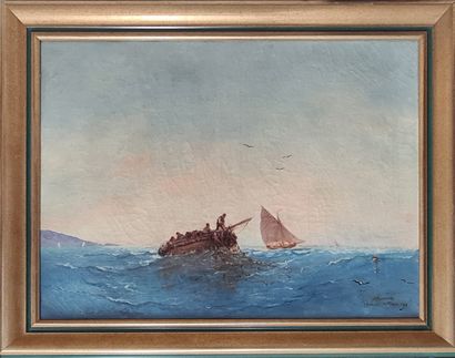 null ALLEMAND J. H., SECONDE MOITIÉ XIXe siècle,
Pêcheurs napolitains en mer, 1896,
huile...