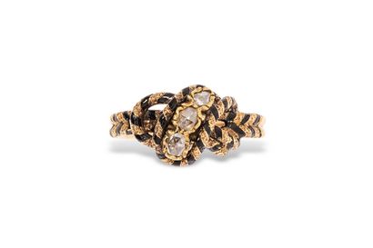 null 18K (750) gold wire ring, knotted, enameled, set with 3 rose-cut diamonds. 
Finger...