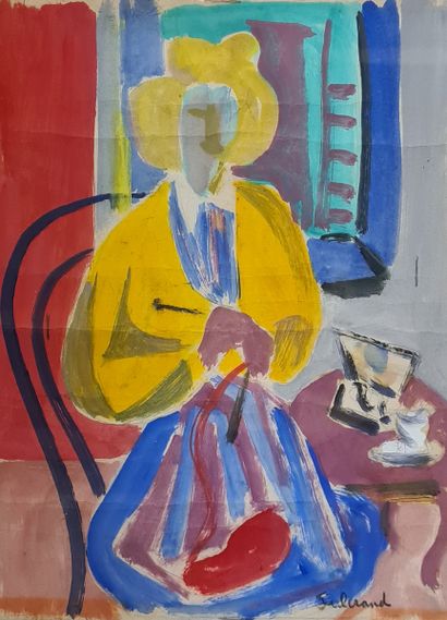 FULCRAND Pierre (1914-2004)
Femme tricotant,
gouache,...