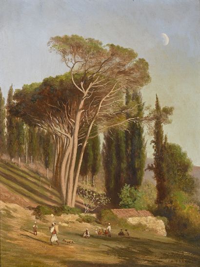 null FRÈRE Théodore, 1814-1888
Bergers orientaux aux grands arbres
huile sur carton...