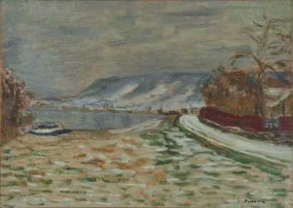 Eugène Antoine DURENNE, 1860 -1944 La Seine charriant des glaçons Huile sur toile...