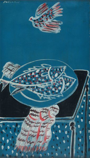 Alexandre FASSIANOS, né en 1935 Assiette de poissons et oiseau Huile sur panneau,...