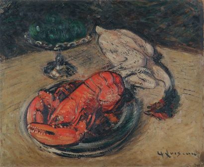 Gustave LOISEAU, 1865 -1935 Homard, compotier de prunes et poulet Huile sur carton,...
