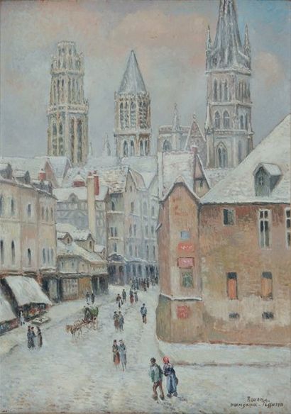 Georges MANZANA-PISSARRO, 1871-1961 Vieille rue et cathédrale de Rouen sous la neige...