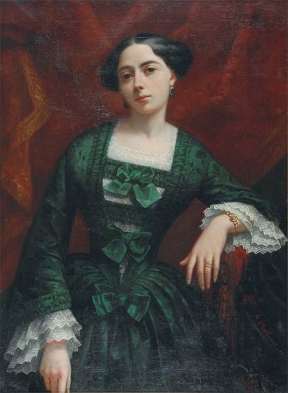 Alexis MATHONAT, né en 1832 La robe verte, 1852 Huile sur toile rentoilée (restaurations),...