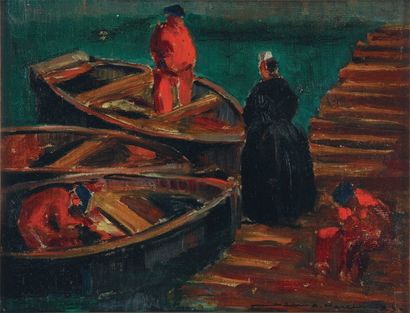 Jean Adrien MERCIER, 1899 -1995 Pécheurs à leurs barques et bretonne sur un ponton,...