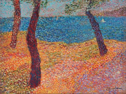 Lucien NEUQUELMAN, 1909-1988 Marine aux trois arbres Peinture sur carton, signé en...