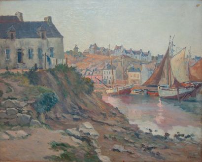 Ernest Marie PERNELLE, né en 1870 Un coin de port à Douarnenez, Finistère Huile sur...