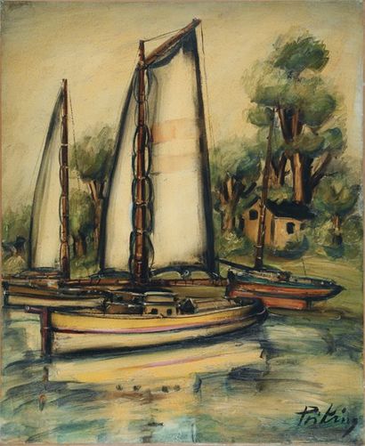 Franz PRIKING, 1927 -1979 Trois voiliers près du rivage Huile sur toile, signée en...