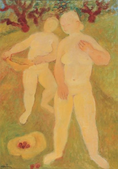 Maurice SAVIN, 1894 -1973 Deux baigneuses cueillant des fruits Huile sur toile, signée...