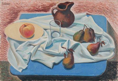 Mario TOZZI, 1895 -1979 Nature morte à la table bleue Peinture sur toile (petits...