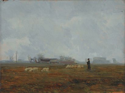 Carlo CASANOVA, 1871-1950 Bergère et ses moutons dans une prairie Huile sur panneau,...