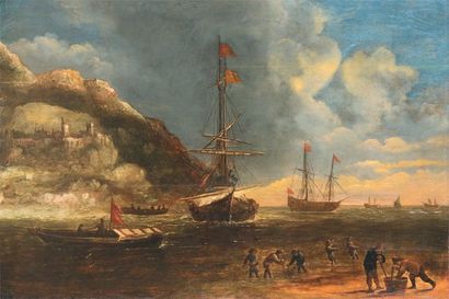 Attribué à Kasper van EYCK (1613 - 1673) Pêcheurs de crevettes devant des navires...