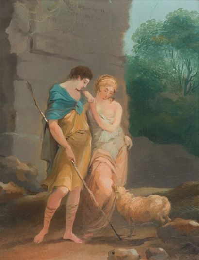 École FRANÇAISE du XVIIIe siècle Daphnis et Chloé Toile. 40 x 30,5 cm. Provenance...