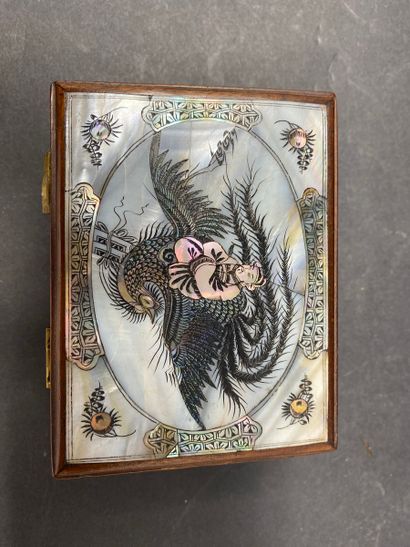 null Rectangular wooden box decorated with mother-of-pearl inlays engraved with scenes...